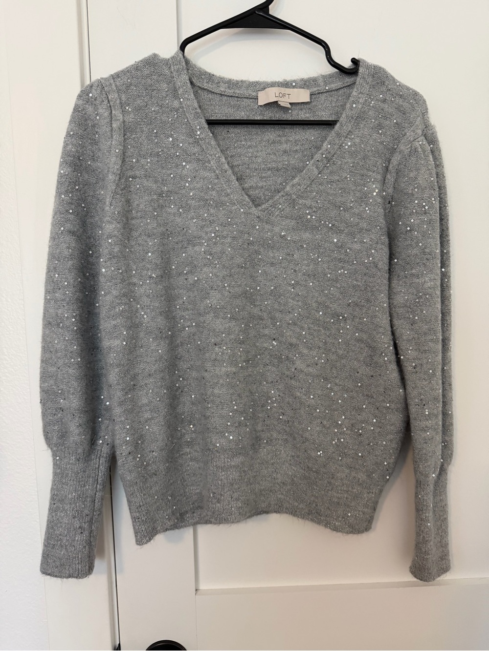 LOFT Silver-Gray V-Neck Sequin Knit Sweater